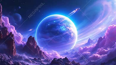 Pathway of lights floating above water leading toward the night sky