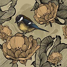 Seamless floral pattern with bird titmouse. Vector illustration.