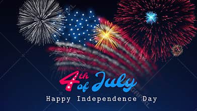 Animated 4th of july usa independence day banner. American fireworks flag on dark sky background. Fourth of july, USA national