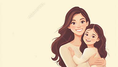 Smiling Mother And Daughters In Beige Outfits Hugging And Looking At Camera In Plain Yellow Studio