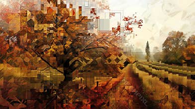 Abstract geometric autumn landscape with a tree and rural path