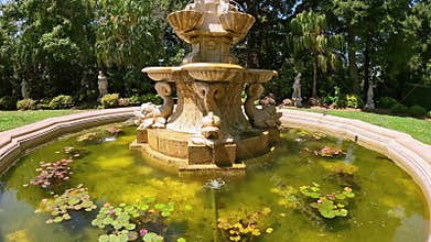 footage of a water fountain with lush green trees and flowers at Huntington Library and Botanical Gardens in San Marino California