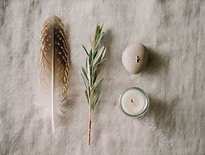 Symbolic arrangement of peace elements on linen cloth for reflection and meditation