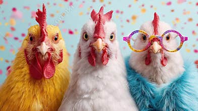 Three stylish chickens with accessories pose for a portrait against a bright background.