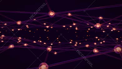 Network connection structure background with lines and glowing sphere nodes floating in purple space