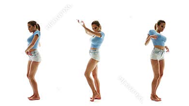 Beautiful woman in shorts and T-shirt dancing and listening music, collage set
