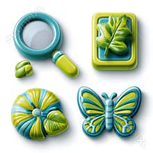 Glossy 3D Icons of Biology Items Including Magnifying Glass, Leaf Specimen, and Butterfly Made of Shiny Plastic With