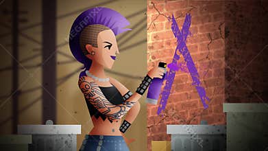 punk woman spraying an anarchy symbol on neighborhood walls