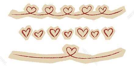 Hand drawn red crayon hearts on torn kraft paper strips collection, cute scrapbook doodle borders set, zine style vector