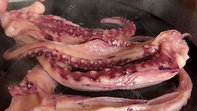 Grilled giant squid tentacles served with lemon and herbs as a gourmet seafood dish in a restaurant