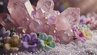 Delicate miniature fantasy garden with pink crystal clusters and tiny purple pansies