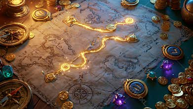 Treasure map adventure quest tabletop scene, richly detailed map with glowing illuminated path leading to treasure chest
