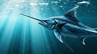 Swordfish swimming in deep blue ocean water with bright natural sunlight rays beaming through underwater, aquatic wildlife concept