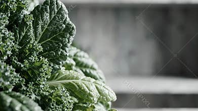 Fresh green kale leaves with crisp texture macro view in natural soft studio lighting, healthy concept