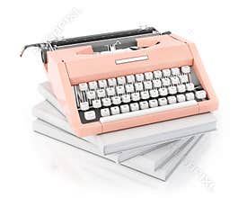 3d model of vintage pink typing machine on pile of blank books, isolated on white background