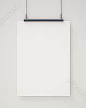 Mock up blank white hanging poster on white wall, background