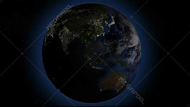 Rotating Earth with night lights, seamless looped 3d animation, blue outer glow