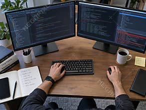 Software Developer Programming and Debugging Code Using Dual Monitors at Wooden Desk with Notebook and Coffee Cup
