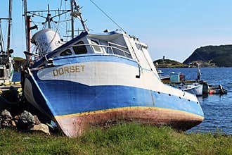 Fishing boat on the beach at Trinity East, Newfoundland