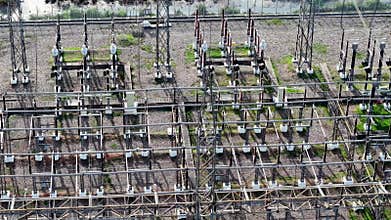 Aerial view of large electrical substation complex