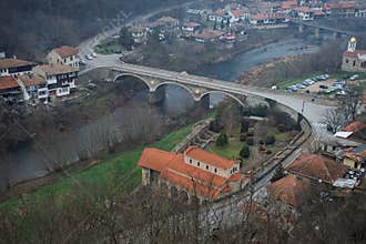 VELIKO TARNOVO, BULGARIA - MARCH 15, 2022: Winding road along Yantra River valley below Tsarevets Hill