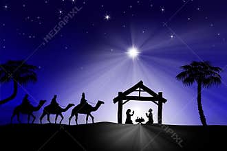 Traditional Christian Christmas Nativity scene with the three wi