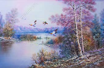 Falls in the winter with birds flying - Oil Painting