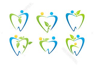 dental care logo, dentist illustration health people nature symbol set design vector