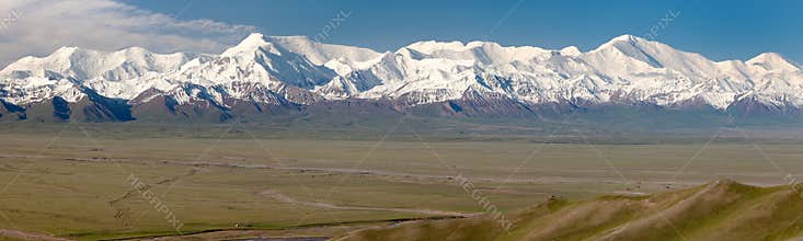 Panoramic view of Pamir mountain and Pik Lenin