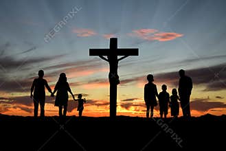 Christian Families Standing Before Cross of Jesus