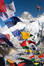 View of Mount Everest with buddhist prayer flags