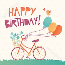 Happy Birthday vector card with a bicycle