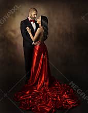Couple in Love, Lovers Woman and Man, Glamour Classic Suit and Dress with Long Tail, Fashion Beauty Portrait of Young Models