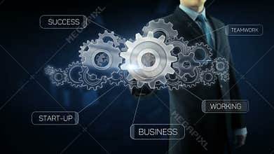 Business man success gear team work text concept