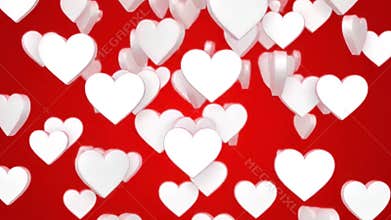 Romantic Background Close up of volumetric white 3D hearts falling against a deep red backdrop