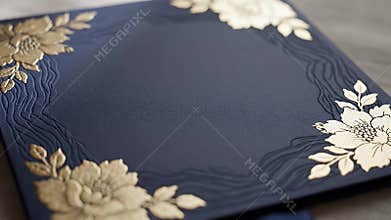 Elegant navy blue square invitation card with ivory floral corners and ribbon