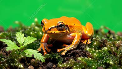 Vibrant Orange Frog on Lush Green Moss With Blurred Green Background in a Natural Habitat Setting