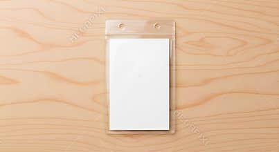 Blank Plastic ID Card Holder Mockup - Clear Badge Sleeve on Wooden Table - Office Corporate Identity Design Asset