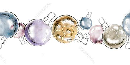 Shiny mercury glass globe baubles, beaded crystals. Seamless elegant vintage banner hand drawn in pencil and watercolor