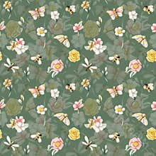 Cute Butterfly Bee Dragonfly Colourful Flowers Seamless Pattern. Watercolor summer floral illustration isolated on green