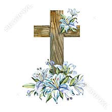 Elegant watercolor illustration featuring a rustic wooden Christian cross adorned with delicate white lilies and green leaves