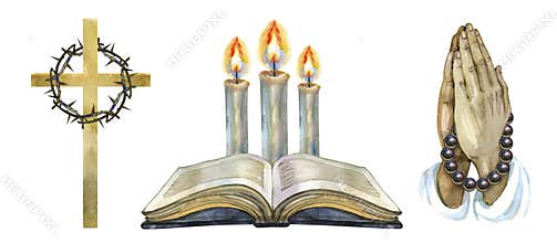 Watercolor set of religious symbols including a golden cross with a crown of thorns, an open holy Bible with three burning candles