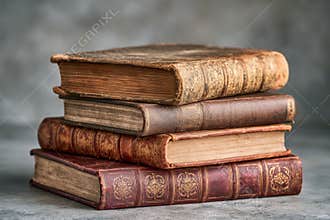 Old Books Stacked on a Gray Surface With Visible Wear Marks Showing Their Age and History From Various Times and Places