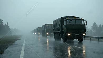 Truck convoy traveling on the rainy road,Generative AI