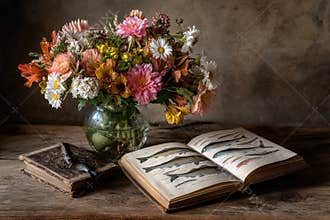 Colorful bouquet of flowers in a glass vase beside an open vintage book with fish illustrations on a rustic wooden table