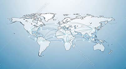 World map outline with country borders in minimalist line art on light blue background
