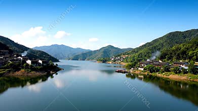 Panoramic view of natural scenery of mountains, rivers and lakes,Generative AI