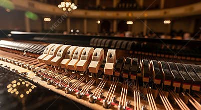 The intricate mechanism of a grand piano is showcased in a concert hall setting with people in the audience