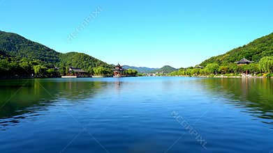 Lakes between mountains and rivers and classical architectural landscape,Generative AI