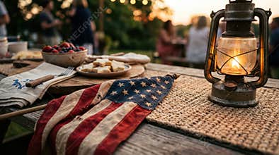 Outdoor picnic table with american flag, lantern and snacks for independence day celebration background and summer party banner